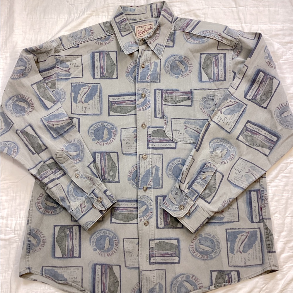 Vtg Men’s Woolrich USA Rugged Outdoor Wear Sturdy Twill Fish Rocky Mtn Shirt